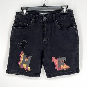 Homme + Femme NEW Distressed Flames Logo Jean Shorts Mens Sz 30 Black Stretch